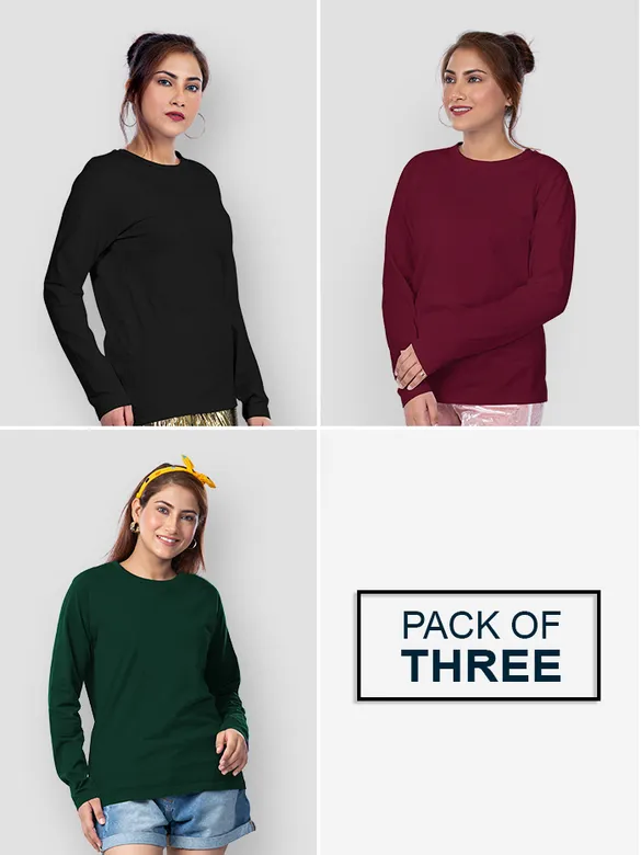 Pack of 3 - Women Plain Full Sleeve T-shirt Combo Black,Bottle Green,Burgundy