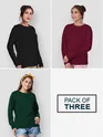 Pack of 3 - Women Plain Full Sleeve T-shirt Combo Black,Bottle Green,Burgundy