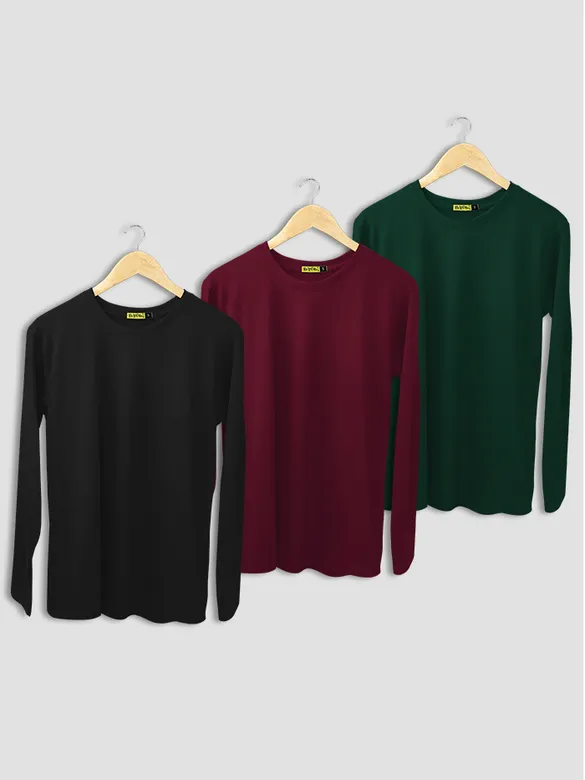 Pack of 3 - Women Plain Full Sleeve T-shirt Combo Black,Bottle Green,Burgundy