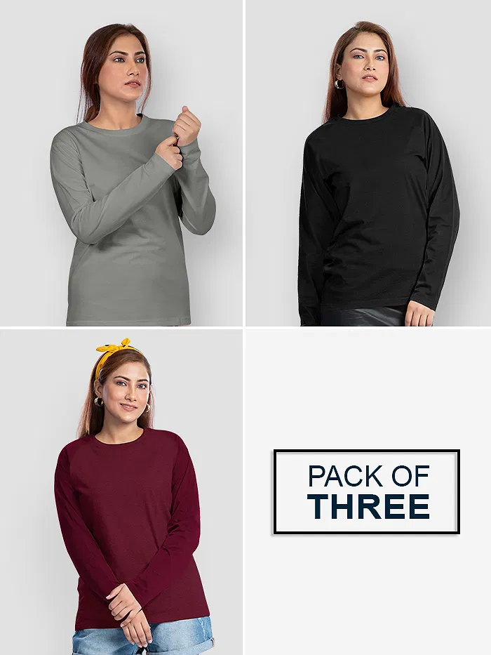 Pack of 3 - Women Plain Full Sleeve T-shirt Combo Black Burgundy Space Grey