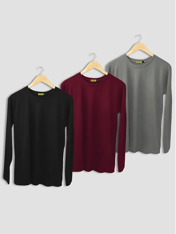 Pack of 3 - Women Plain Full Sleeve T-shirt Combo Black Burgundy Space Grey