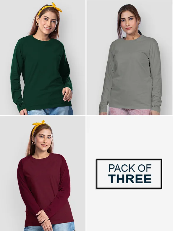 Pack of 3 - Women Plain Full Sleeve T-shirt Combo Bottle Green Space Grey Burgundy