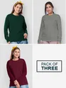 Pack of 3 - Women Plain Full Sleeve T-shirt Combo Bottle Green Space Grey Burgundy