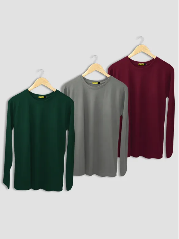 Pack of 3 - Women Plain Full Sleeve T-shirt Combo Bottle Green Space Grey Burgundy