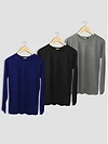 Pack of 3 - Women Plain Full Sleeve T-shirt Combo Navy Blue Black Space Grey