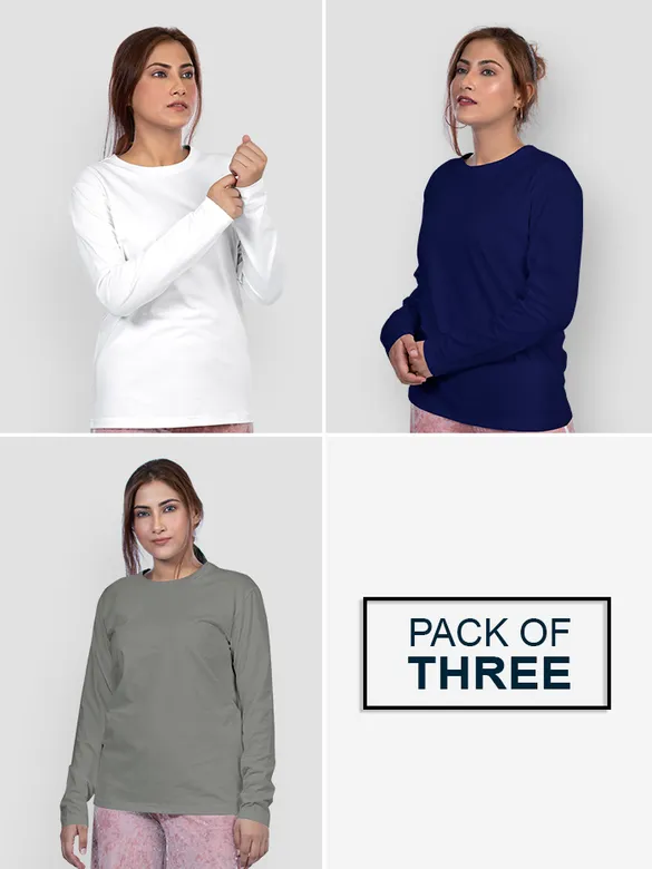 Pack of 3 - Women Plain Full Sleeve T-shirt Combo Navy Blue White Space Grey