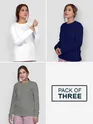 Pack of 3 - Women Plain Full Sleeve T-shirt Combo Navy Blue White Space Grey