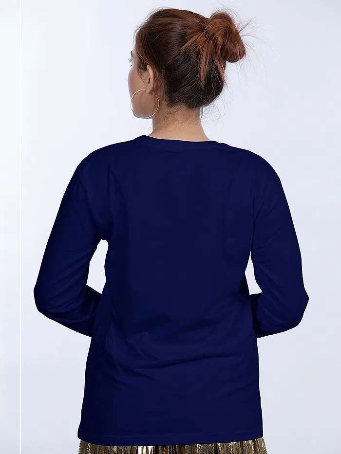 Plain Navy Blue Women Full Sleeves T-shirt