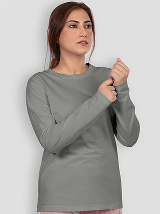 Plain Space Grey Women Full Sleeves T-shirt