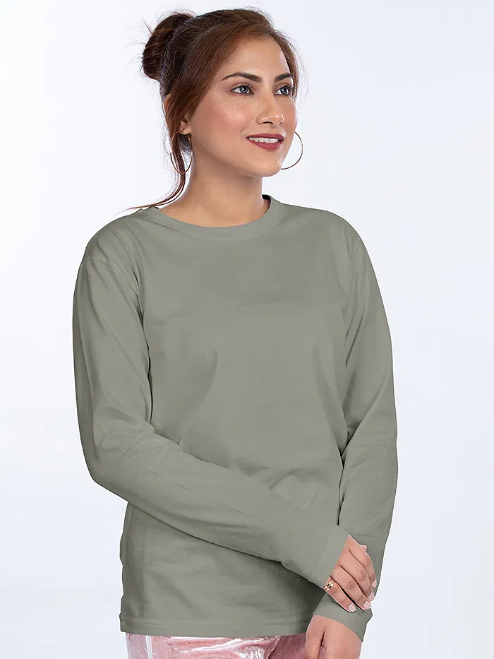 Plain Space Grey Women Full Sleeves T-shirt
