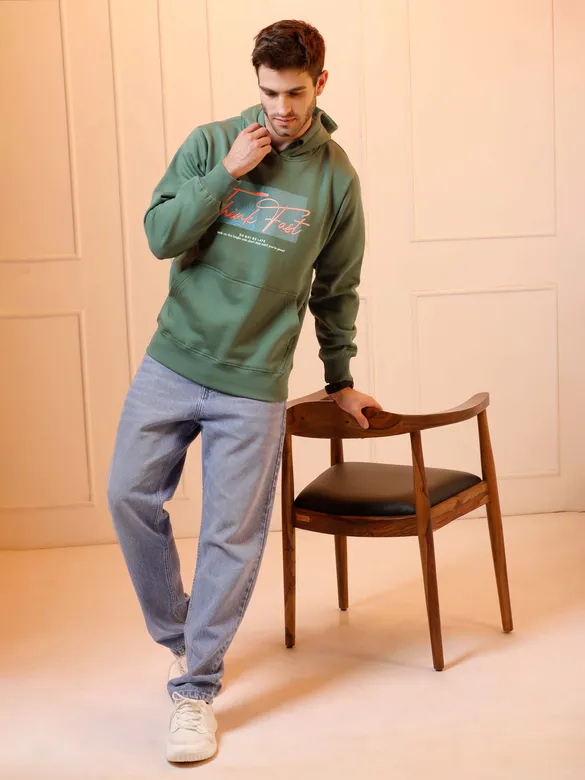 Olive Green Printed Hoodie for Men