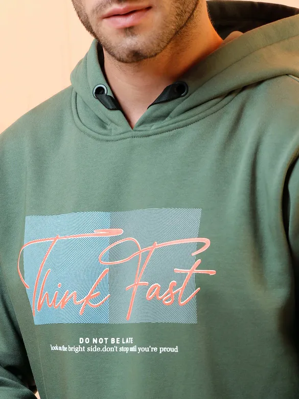 Olive Green Printed Hoodie for Men
