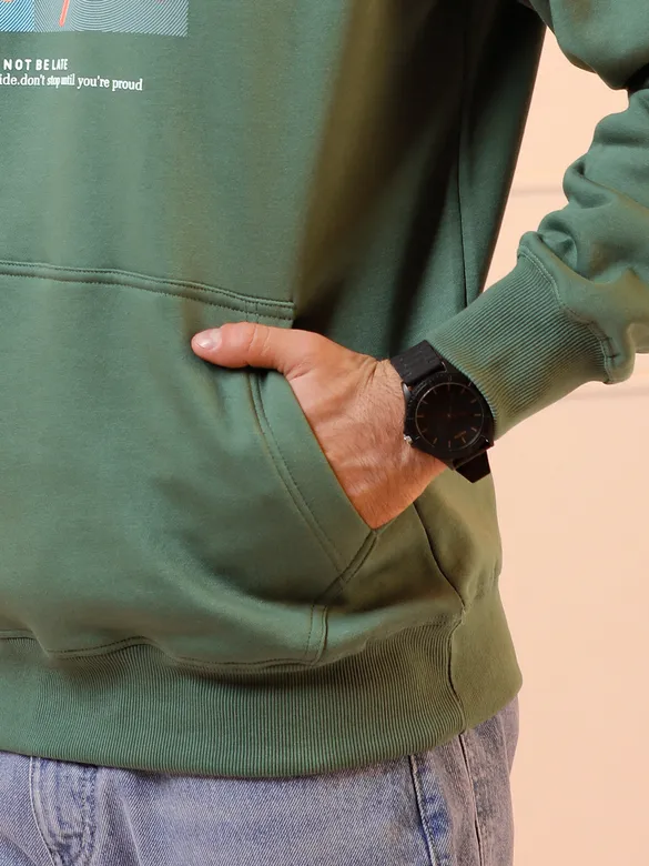 Olive Green Printed Hoodie for Men