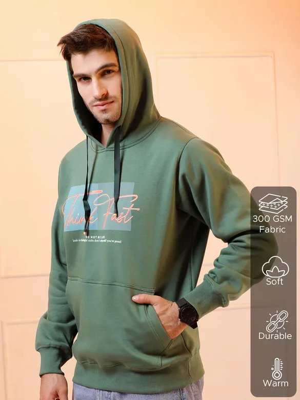 Olive Green Printed Hoodie for Men