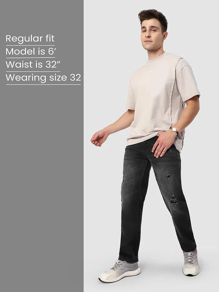 Black Distressed Regular Fit Jeans