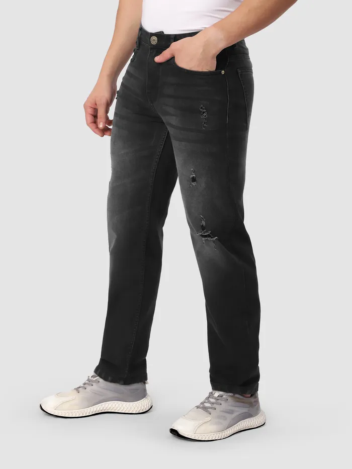 Black Distressed Regular Fit Jeans