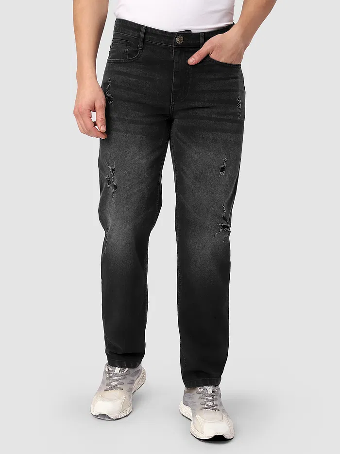 Black Distressed Regular Fit Jeans