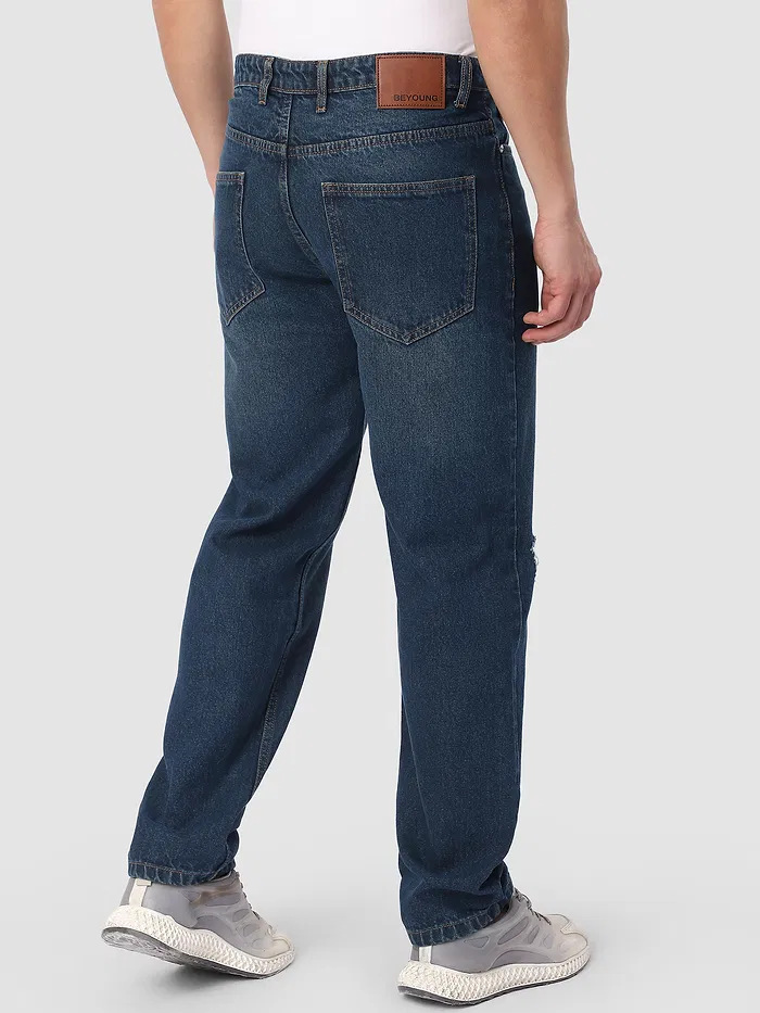 Dark Blue Distressed Baggy Fit Jeans