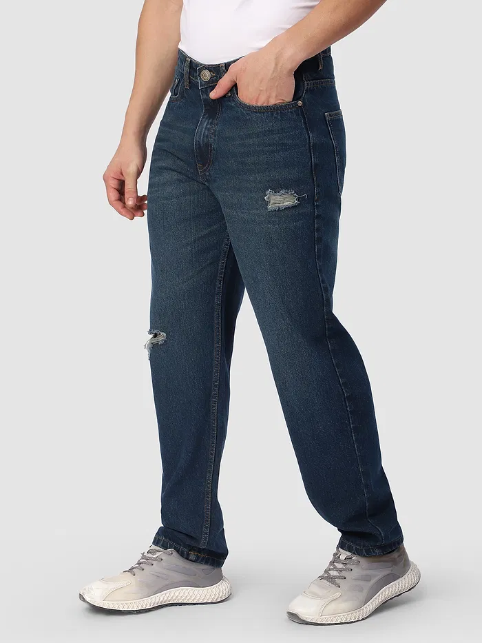 Dark Blue Distressed Baggy Fit Jeans