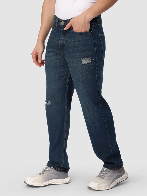 Dark Blue Distressed Baggy Fit Jeans