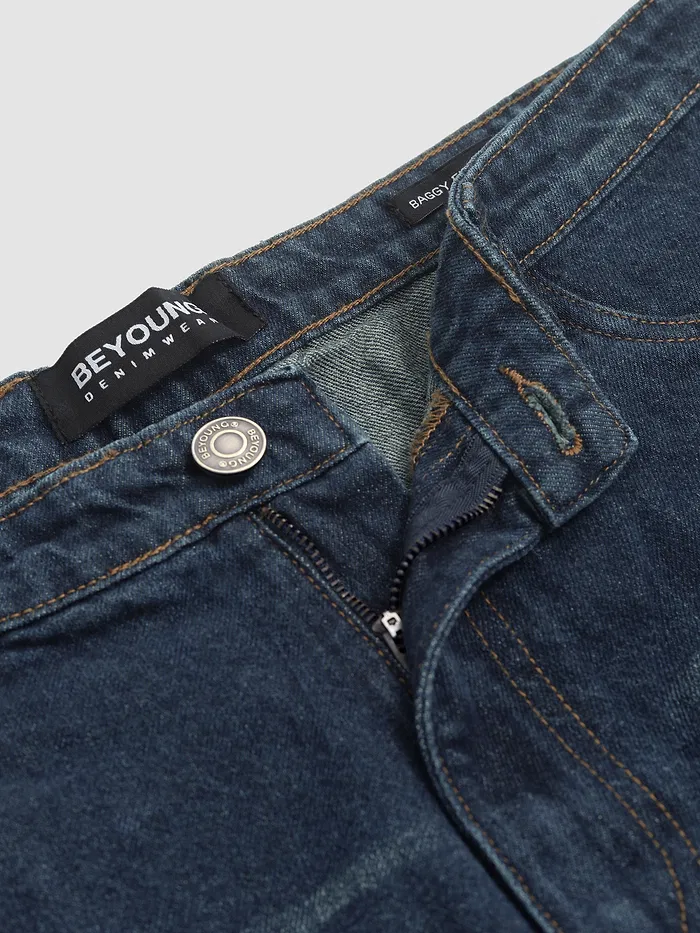 Dark Blue Distressed Baggy Fit Jeans
