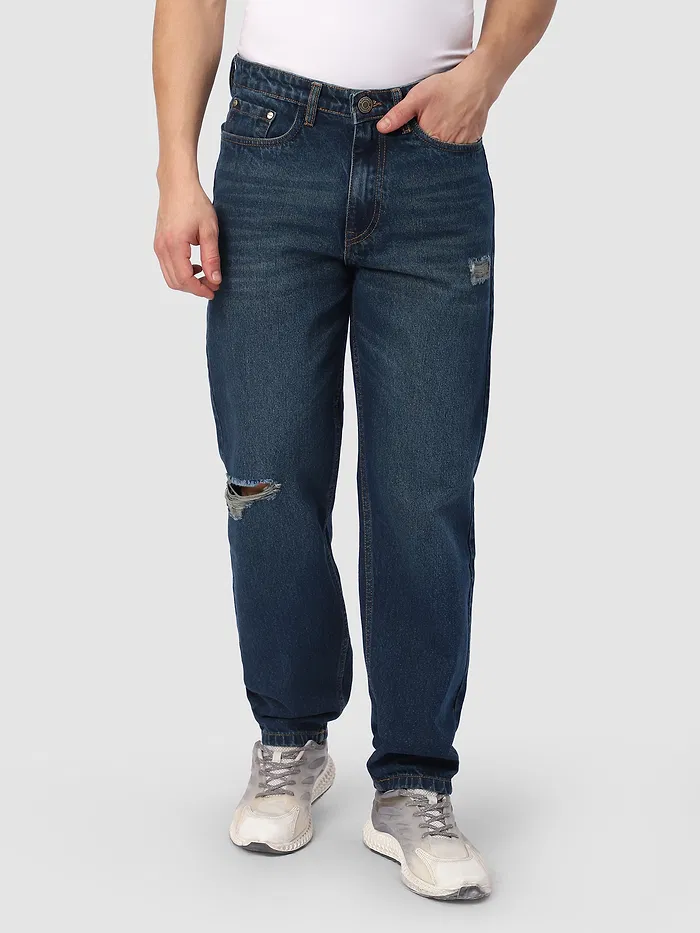 Dark Blue Distressed Baggy Fit Jeans