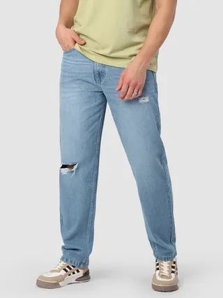 Blue Distressed Denim Jeans with Baggy Fit