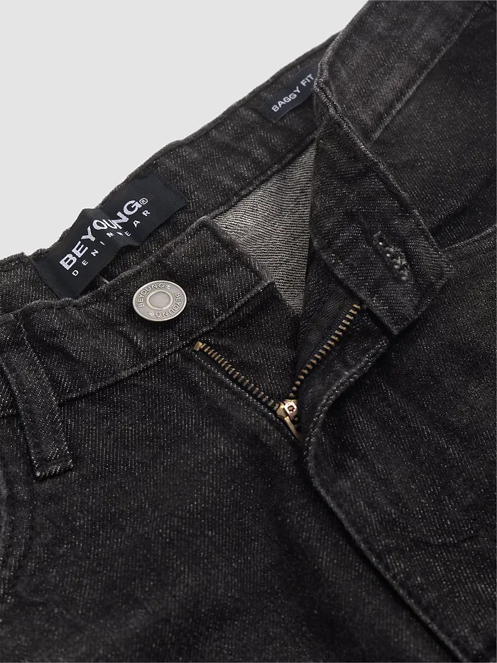 Black Whisker Baggy Fit Jeans