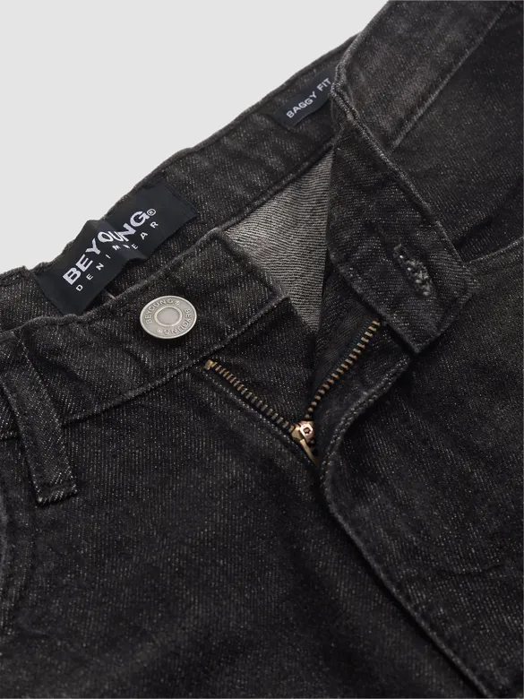 Black Whisker Baggy Fit Jeans