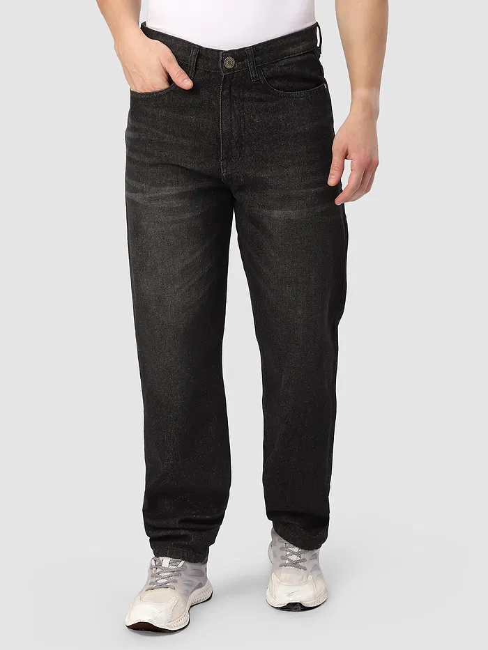 Black Whisker Baggy Fit Jeans