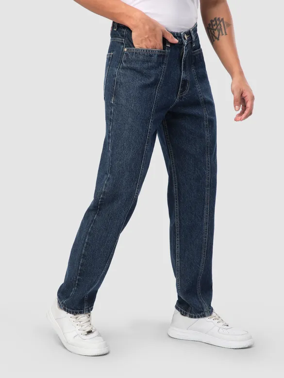 Navy Blue Cut and Sew Baggy Fit Jeans