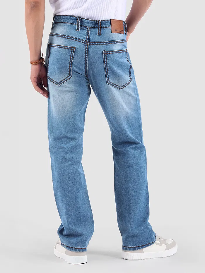 Soft Blue Saddle Stitch Bootcut Jeans