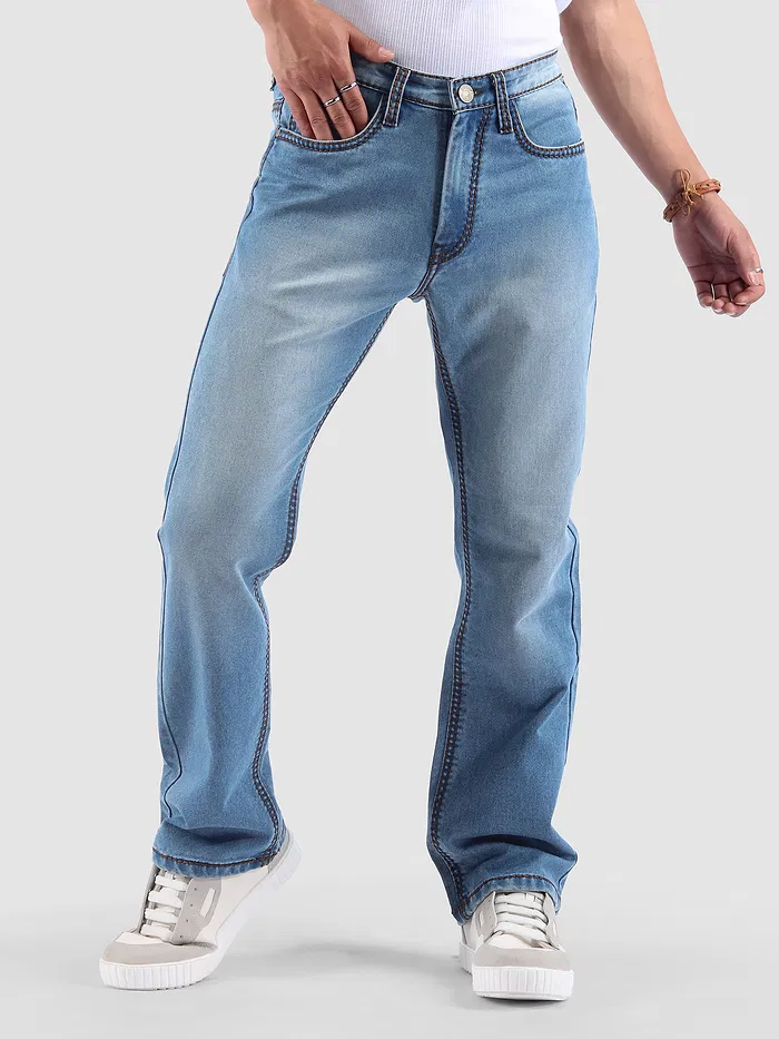 Soft Blue Saddle Stitch Bootcut Jeans