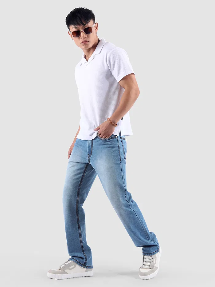 Soft Blue Saddle Stitch Bootcut Jeans