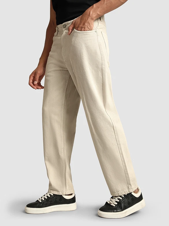 Beige Over Dyed Baggy Fit Jeans