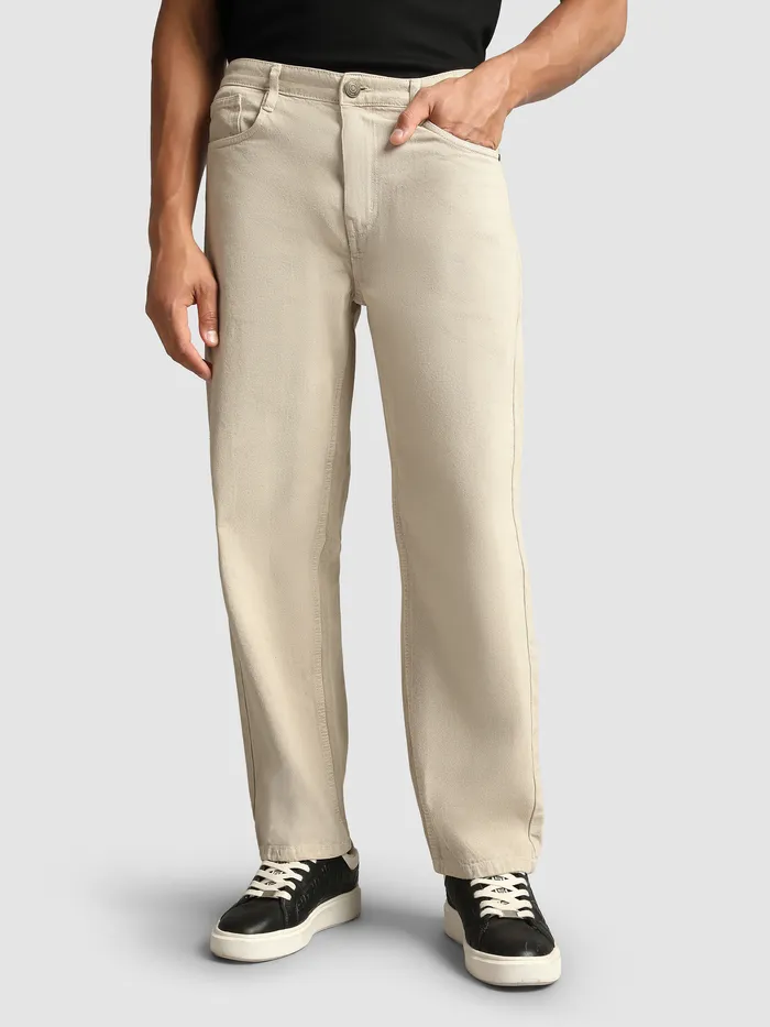 Beige Over Dyed Baggy Fit Jeans