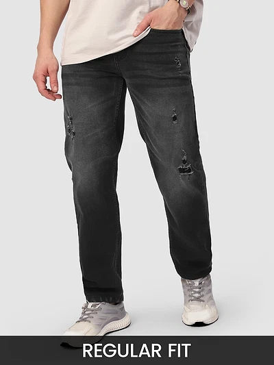 Black Distressed Regular Fit Jeans