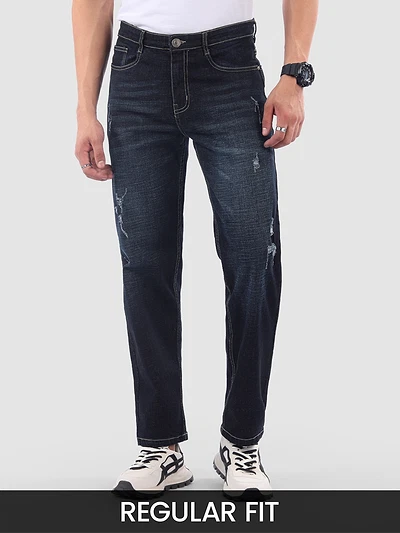 Indigo Blue Distressed Regular Fit Jeans