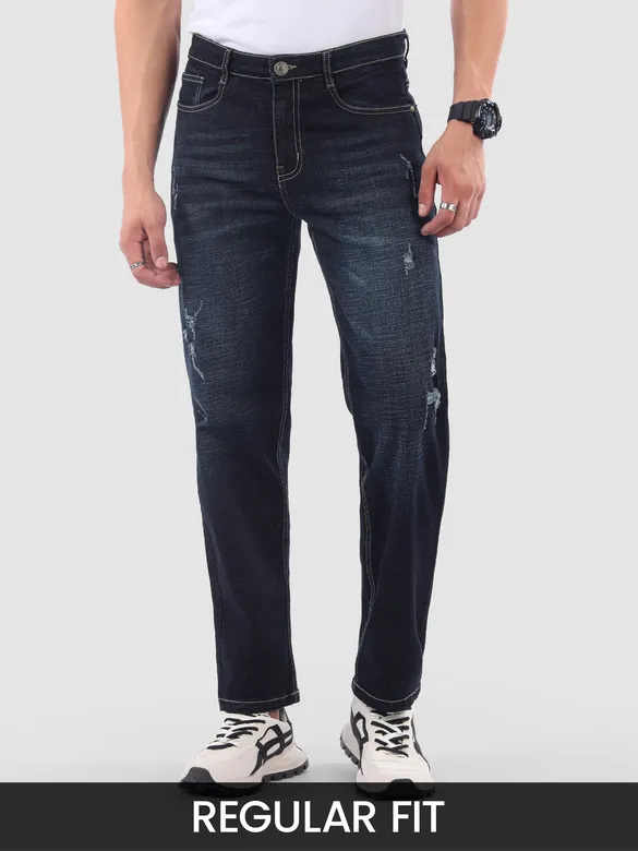 Indigo Blue Distressed Regular Fit Jeans