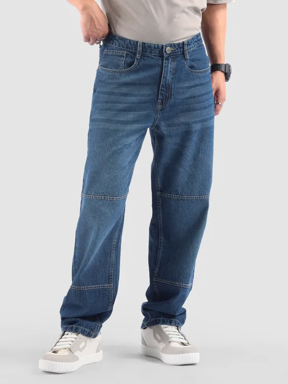Dark Blue Cut and Sew Baggy Fit Jeans