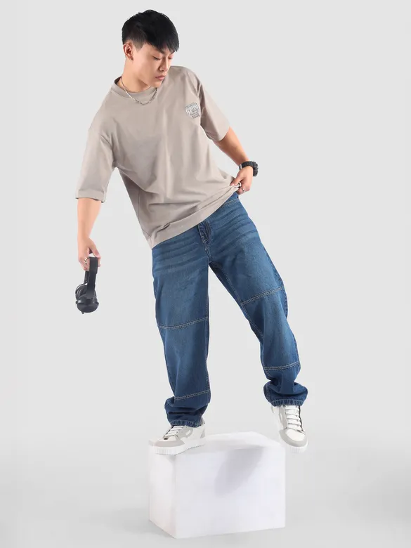 Dark Blue Cut and Sew Baggy Fit Jeans