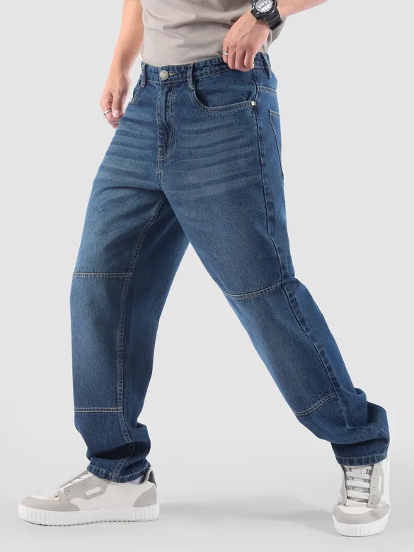 Dark Blue Cut and Sew Baggy Fit Jeans