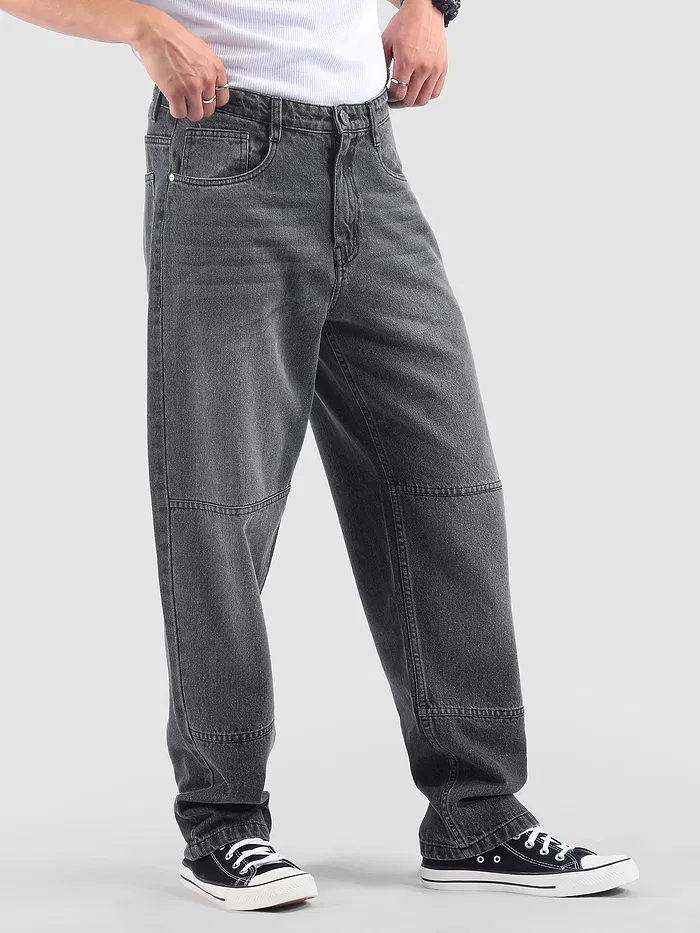 Grey Cut and Sew Baggy Fit Jeans