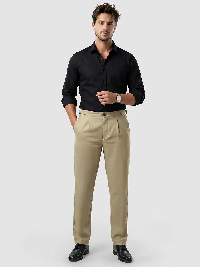Khaki Side-Adjuster Cotton Slub Trousers