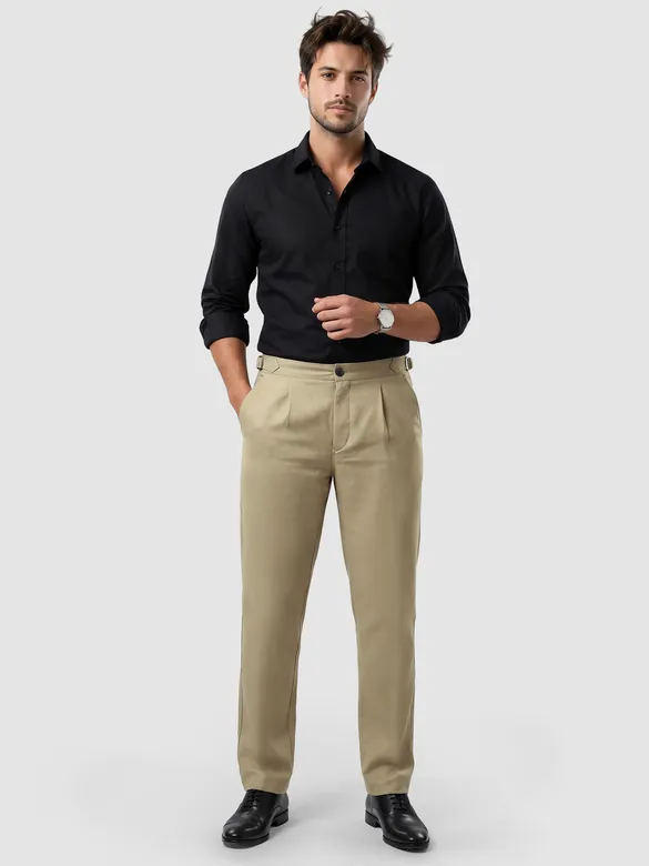 Khaki Side-Adjuster Cotton Slub Trousers