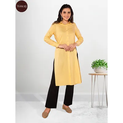 Yellow Striped Slit Shirt Kurti With Black Pant,