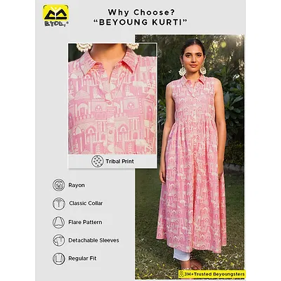 Printed Pink Collar Flare Kurti