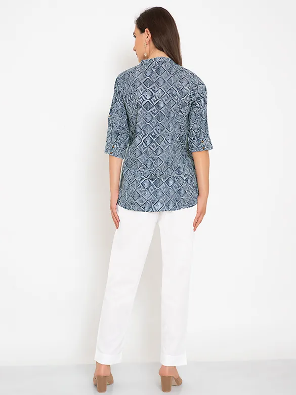 White And Blue Printed Short Kurti