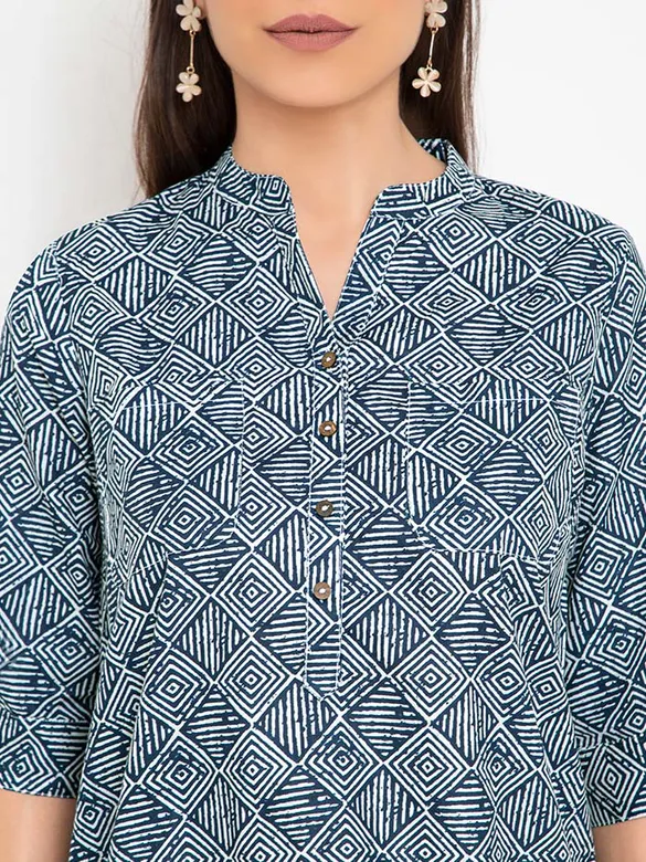 White And Blue Printed Short Kurti