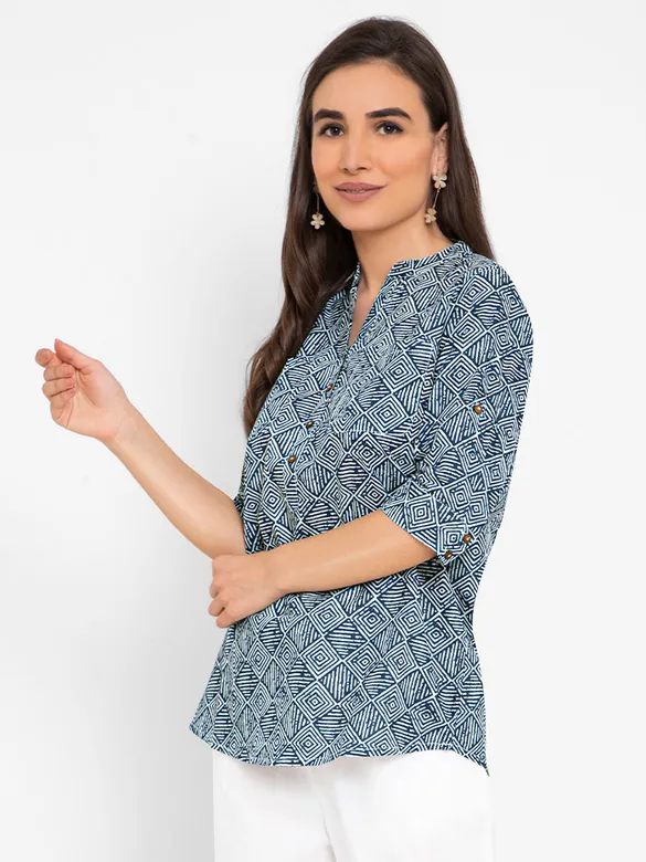 White And Blue Printed Short Kurti